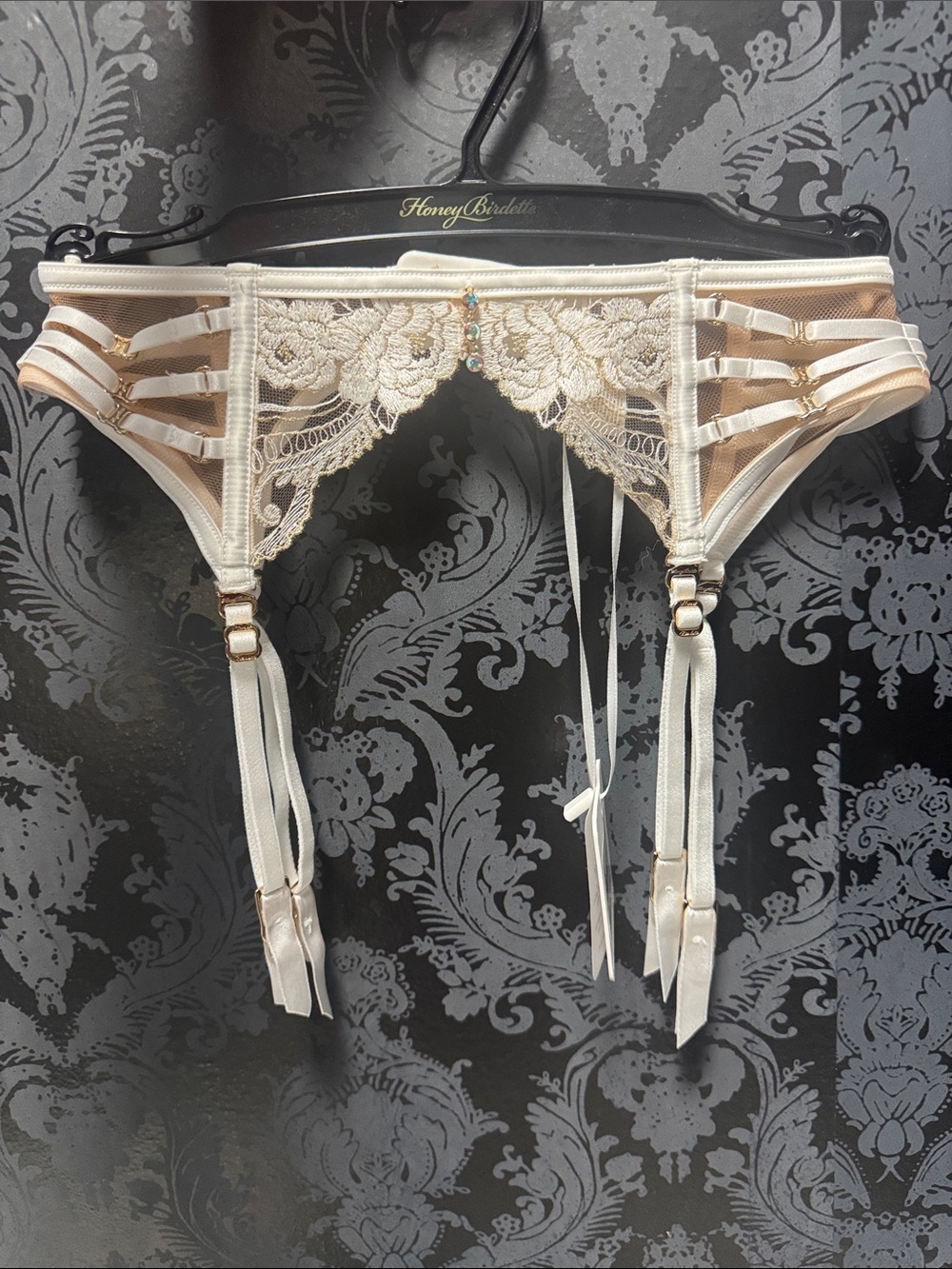 Honey Birdette Cream Lace Garter Belt with Gold Hardware